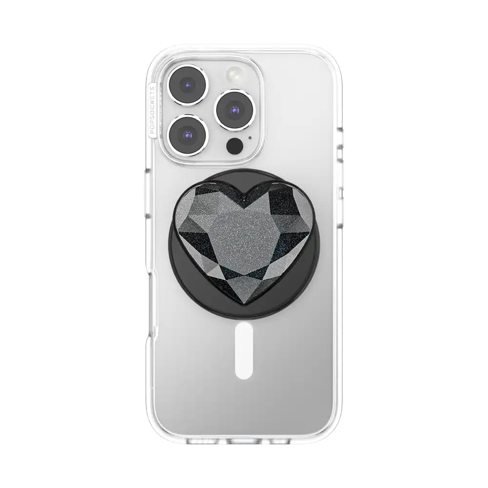 Crystal Heart Black Glitter — MagSafe PopGrip