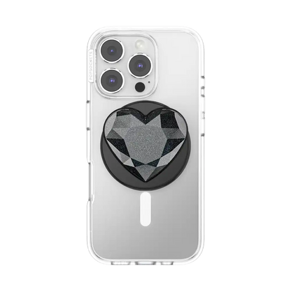 Crystal Heart Black Glitter — MagSafe PopGrip
