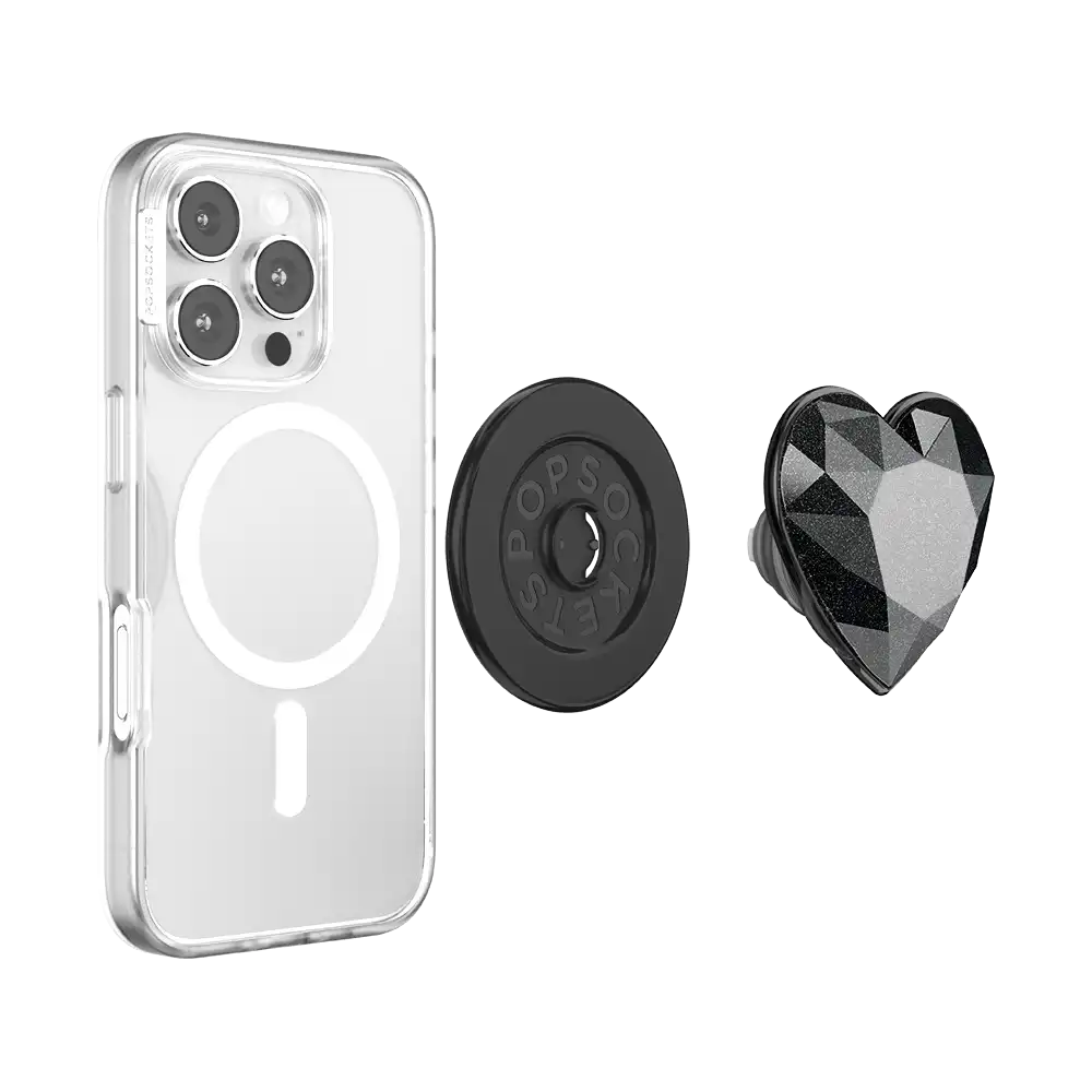 Crystal Heart Black Glitter — MagSafe PopGrip