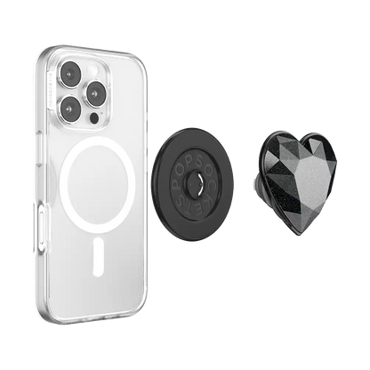 Crystal Heart Black Glitter — MagSafe PopGrip