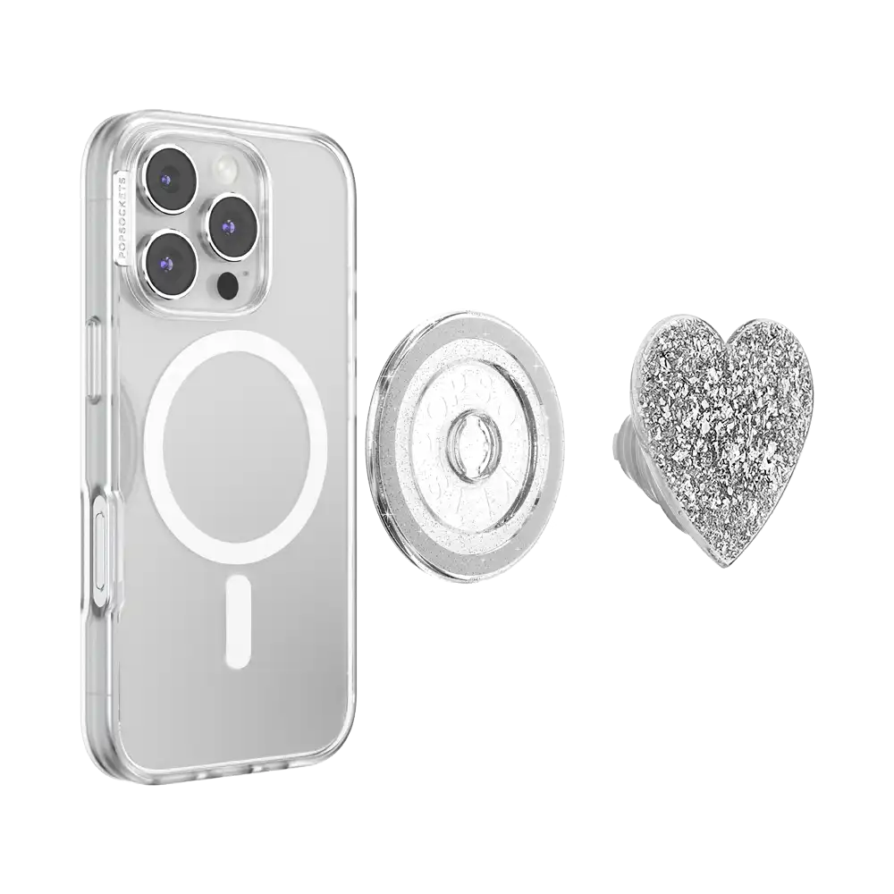 Confetti Heart Silver Sizzle — MagSafe PopGrip