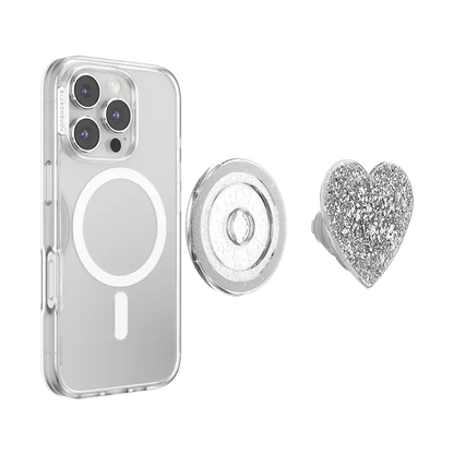 Confetti Heart Silver Sizzle — MagSafe PopGrip